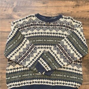 Men's Patterned Crewneck Sweater in Navy, Green, and Cream